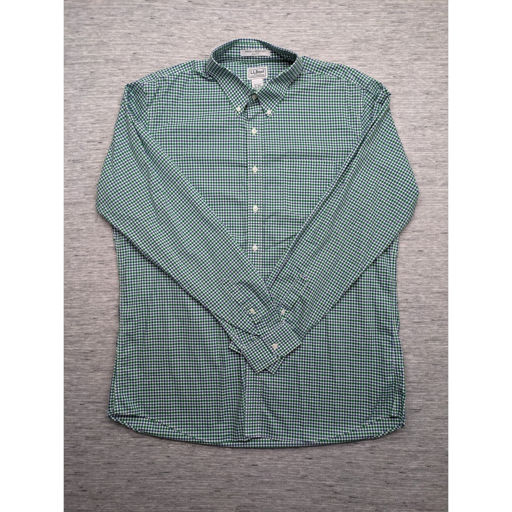 LL Bean Shirt Mens XL Tall Green‎ White Scotch Plaid Button Up l Outdoors Hike
